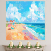Colorful Beach Day Folk Art – Countryside Wall Print with Umbrellas & Ocean View on Ready to Hang 1.5" Thick Canvas Wrap, Floating Framed Canvas, Flat Rolled Canvas